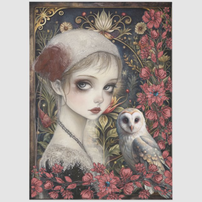 Papel De Seda Victorian Gothic Girl White Owl Floral Collage (Frente )
