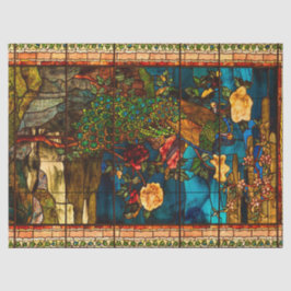 Papel De Seda Vidro Colorido Antigo com Pavões e Flores