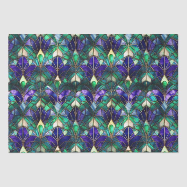 Papel De Seda Vidro Manchado Pavão Azul, Roxo e Dourado (Frente )