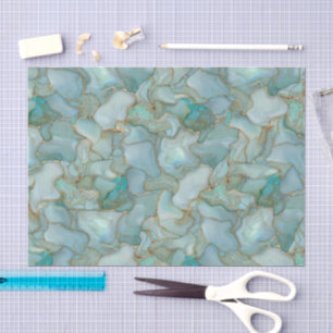 Papel De Seda Vidro Marinho Marmorizado Aguamarinha Dourado Aqua