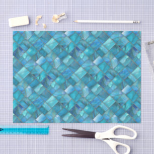 Papel De Seda Vidro Marinho Mosaico Aquarela Água Teal Dourado