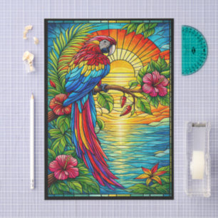 Papel De Seda Vidro Policromado de Arara Vermelha, Azul e Dourad