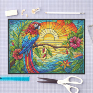 Papel De Seda Vidro Policromado de Arara Vermelha, Azul e Dourad