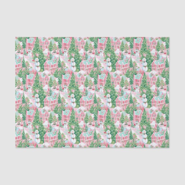 Papel De Seda Vila de Natal rosa e verde (Frente )