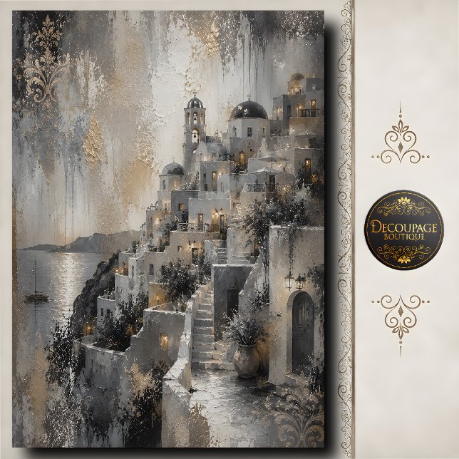 Papel De Seda Vila de Santorini Decoupage Cena Mediterrânea (Santorini Village Decoupage Mediterranean Scene Tissue Paper)