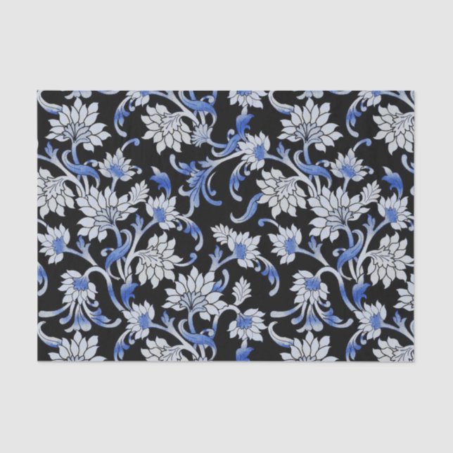 Papel De Seda Vinha Floral Enfumaçado, azul e branca (Frente )