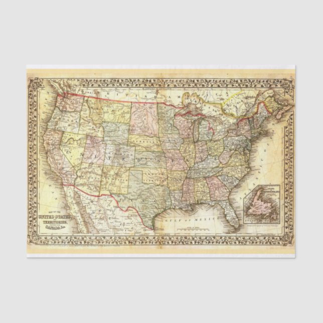 Papel De Seda Vintage 1861 - 1889 USA Map (Frente )