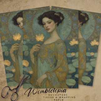 Papel De Seda Vintage Art Nouveau Lady with Waterlily Decoupage