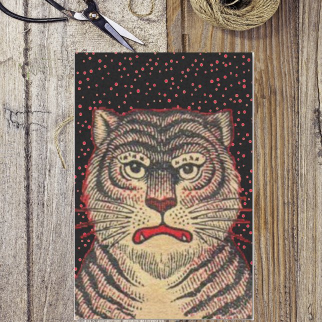 Papel De Seda Vintage Asian Strike Fierce Tiger (Asian tiger with fierce looking face and black stripes on black with red dots tissue wrapping paper.)