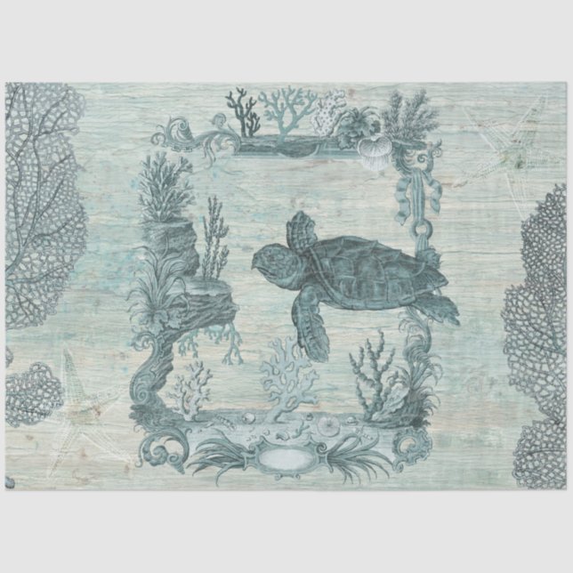 Papel De Seda Vintage Beach Turtle Starfish Blue Wood Decoupage (Frente )