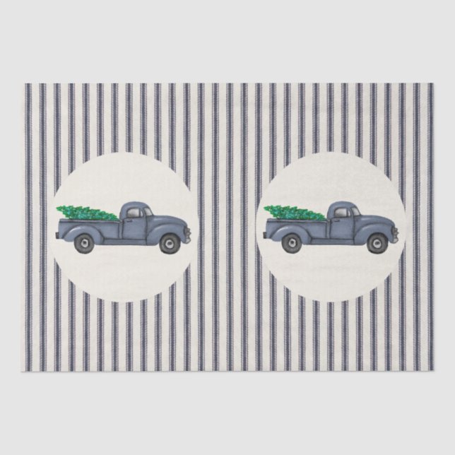 Papel De Seda Vintage Blue Christmas Tree Truck Tissue Paper (Frente )