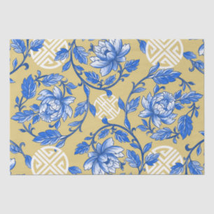 Papel De Seda Vintage Blue e Dourada Chinoiserie Floral