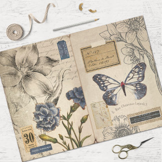 Papel De Seda Vintage Blue Floral e Ephemera Decoupage