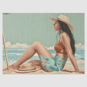 Papel De Seda Vintage Bonito Mulher Senta Na Areia Da Praia