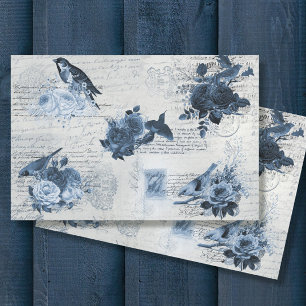 Papel De Seda Vintage Botanical Birds Blue Flowers Decoupage Tis
