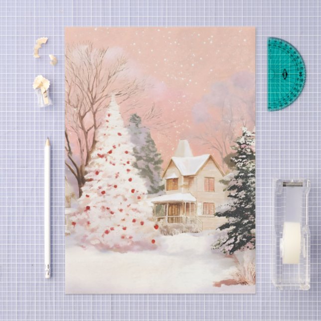 Papel De Seda Vintage Cabin & Snowy Tree Decoupage  (Arte )