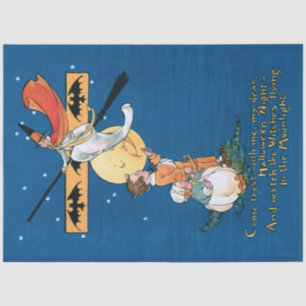 Papel De Seda Vintage Children com bruxa Bonito em Lua