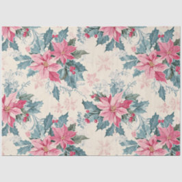 Papel De Seda Vintage Christmas Pink Poinsettia Holly & Berries
