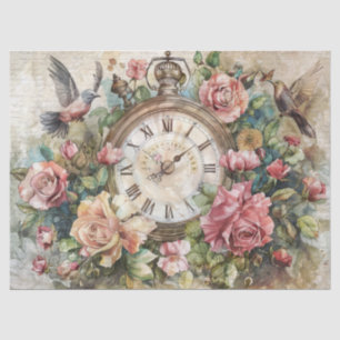 Papel De Seda Vintage Clock com Dissociação de Aves e Rosas