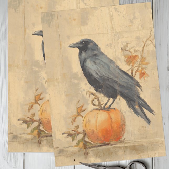 Papel De Seda Vintage Crow Halloween (Autumn Crow and Pumpkin Tissue Paper)