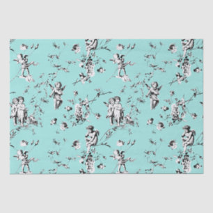 Papel De Seda Vintage Cupid Angels Floral Preto Branco Azul