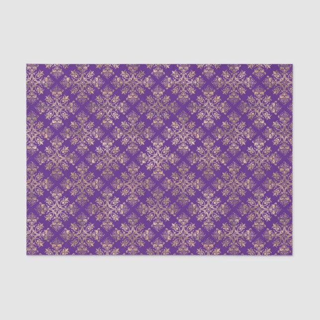 Papel De Seda Vintage Dourado Roxo Damask (Frente )