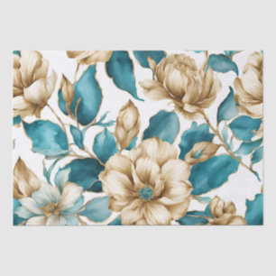 Papel De Seda Vintage Dourado Teal Branco Flor Padrão
