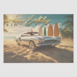 Papel De Seda Vintage Esporte Carro Tropical Praia Feliz anivers