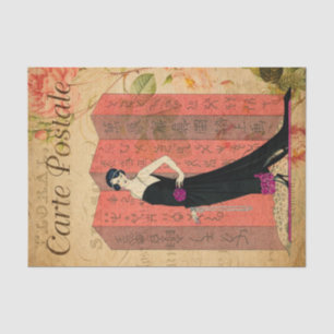 Papel De Seda Vintage Flapper Woman em Black Dress Floral French
