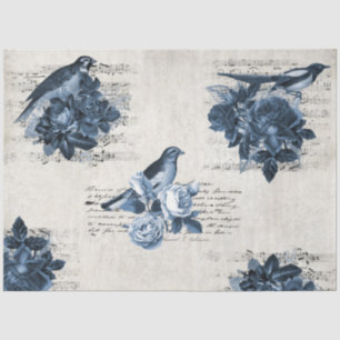 Papel De Seda Vintage Floral Botânica Birds Blue Decoupage Art