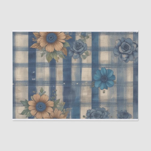 Papel De Seda Vintage Floral Denim Xadrez (Frente )