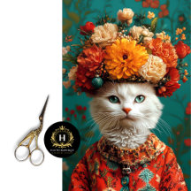 Vintage Floral White Cat Decoupage