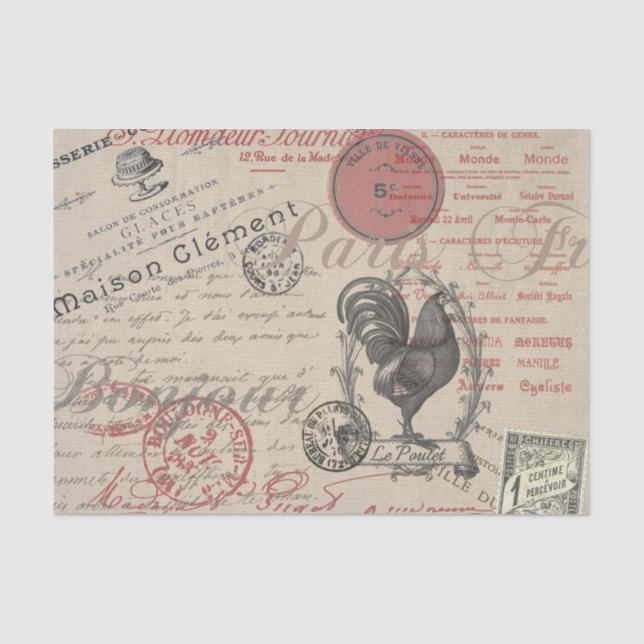 Papel De Seda Vintage French Escrevendo Tipografia Paris Rooster (Frente )