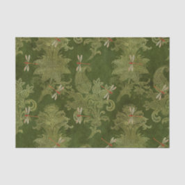 Papel De Seda Vintage Green Damask Floral Orange Dragonlies