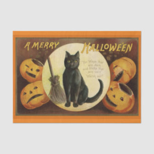 Papel De Seda Vintage Halloween Black Cat e Pumpkins entalhados 
