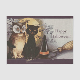 Papel De Seda Vintage Halloween Black Cat & Owl Witl Hat Moon