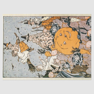 Papel De Seda Vintage Halloween Pumpkin e Bruxas com Vassouras