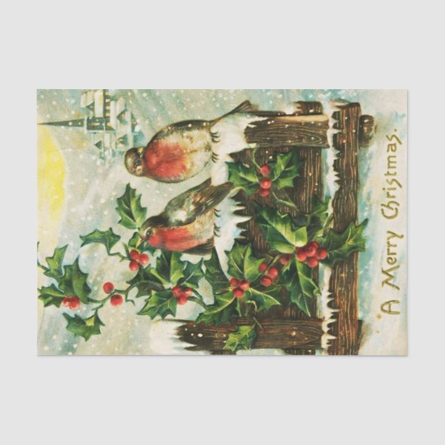 Papel De Seda Vintage Holly e Pássaros Natal (Frente )