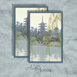 Papel De Seda Vintage Jardim Japonês Blue Willow Lake Pagoda