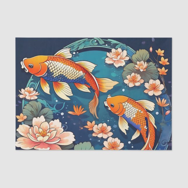Papel De Seda Vintage Koi Fish no Indigo (Frente )