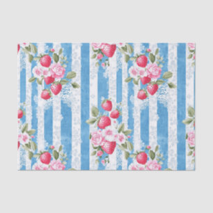 Papel De Seda Vintage Morangos e Blooms em Bandas Azuis