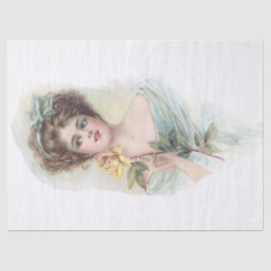 Papel De Seda Vintage Mulher Amarela Rosa Namorados Decoupage Ti