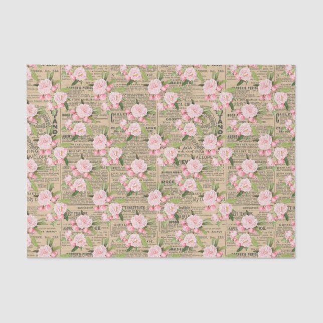 Papel De Seda Vintage Newsprint e Rosas Rosa (Frente )