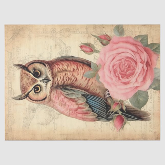 Papel De Seda Vintage Owl e Rosas Rosa (Frente )