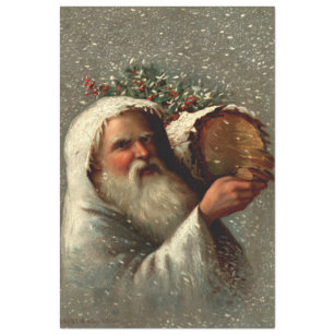 Papel De Seda Vintage Padre Natal em Neve com Yule Log