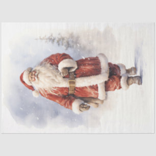 Papel De Seda Vintage Papai Noel caminhando na floresta nevada