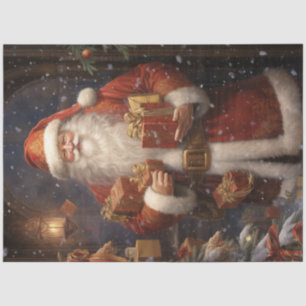 Papel De Seda Vintage Papai Noel em floresta com presentes