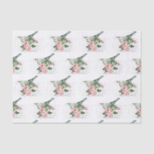 Papel De Seda Vintage - Pássaro e Flor Cor-de-Rosa - Letra-Cor