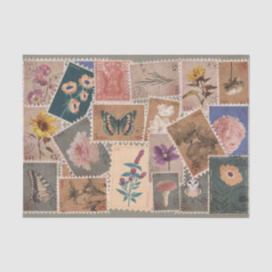 Papel De Seda Vintage Postal Flowers e Nature Stamps Collage