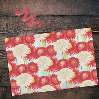 Papel De Seda Vintage Red White Pyrethum Daisium Sky Blue Fence